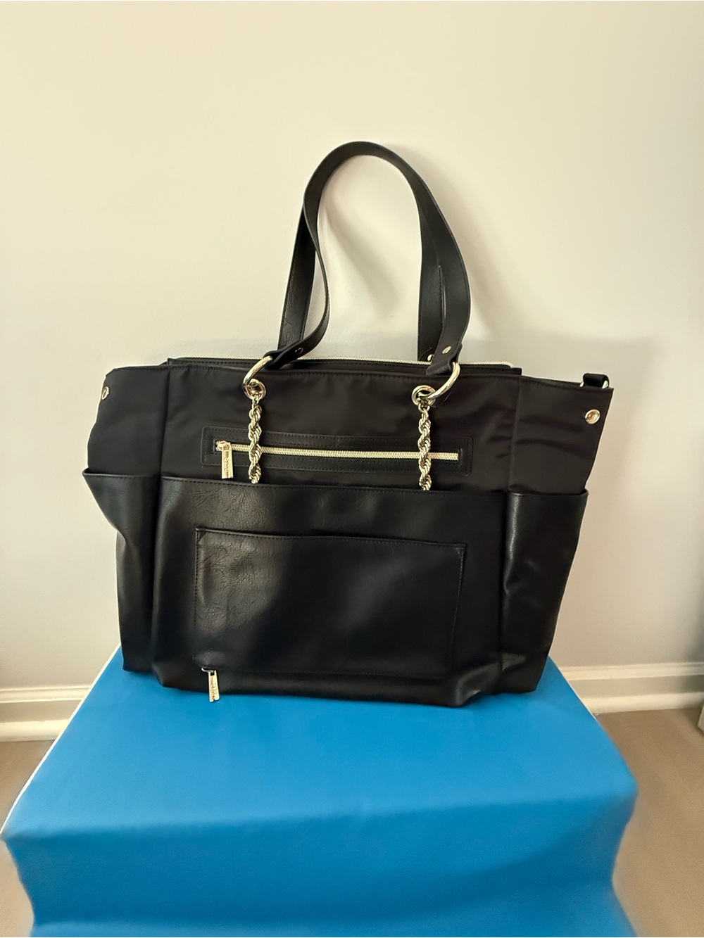 BEIS Black Tote with Gold Chain Accents